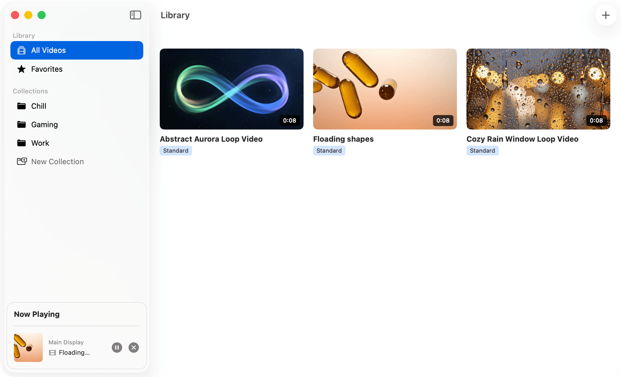 Walyro app library showing video thumbnails organized in collections like Work, Chilling, Calm, and Gaming with the Now Playing panel
