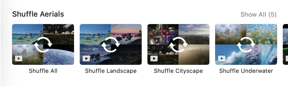 macOS Shuffle Aerials in System Settings — aerial screen savers that double as moving wallpaper