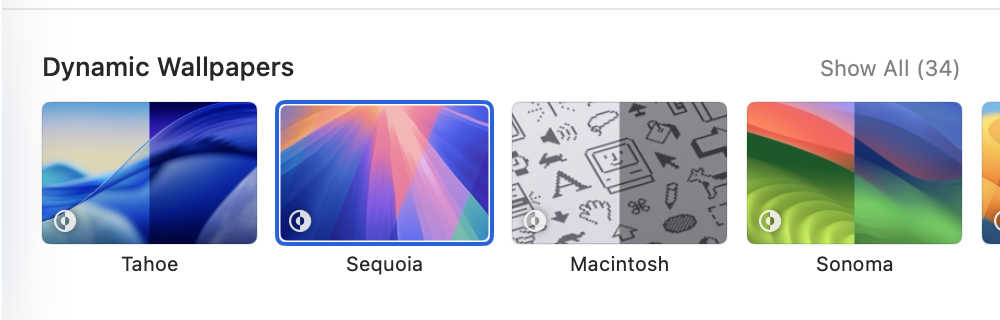macOS Dynamic Wallpapers row in System Settings — Tahoe, Sequoia, Macintosh, and Sonoma scenes