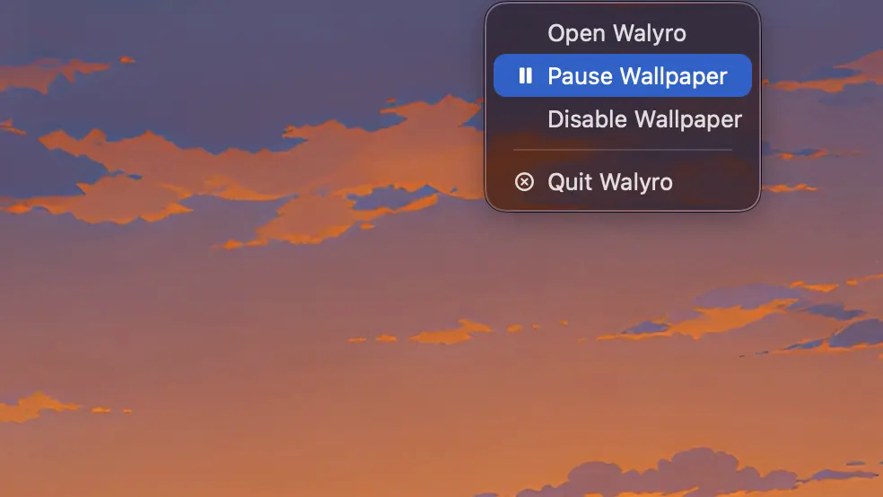 Walyro menu bar dropdown showing pause, resume, and clear controls