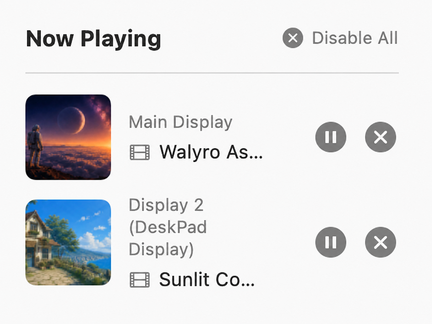 macOS Now Playing widget showing one row per active display with controls